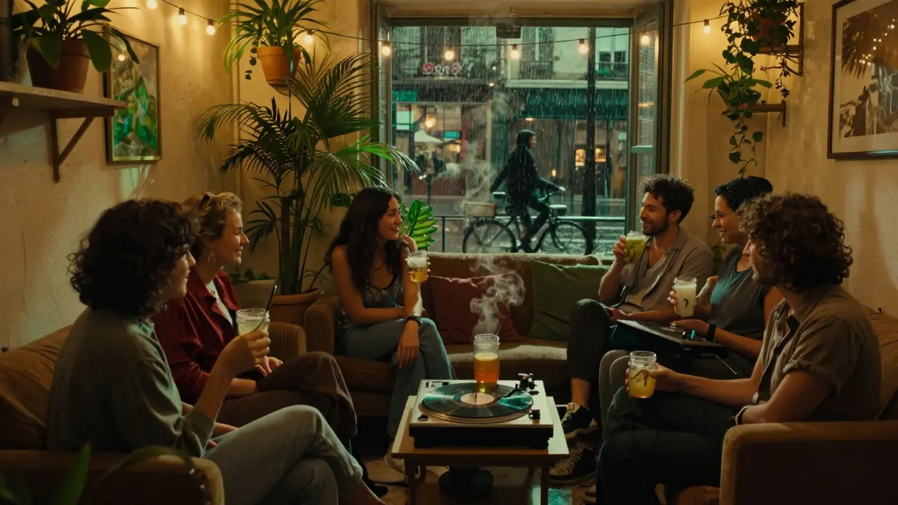 Group relaxing in a bohemian bar with plants, vinyl records, and mason jar cocktails at night.