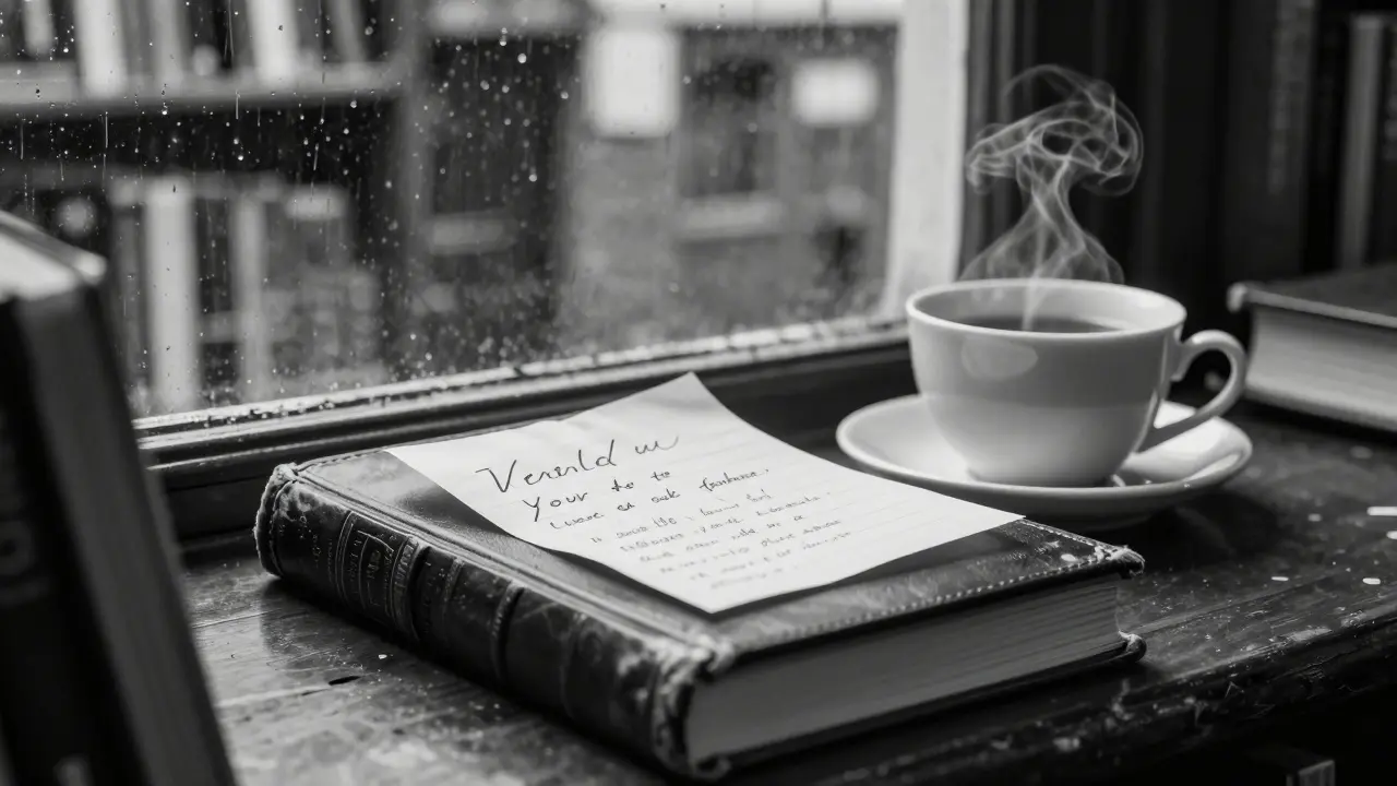 Handwritten note left beside a tea cup on a vintage book in a dim bookshop.