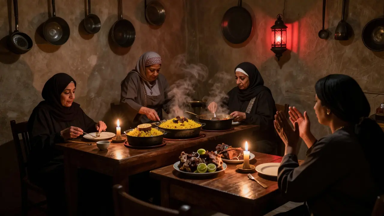 Hidden Al Banat eatery with elderly women cooking traditional Emirati dishes by candlelight in a quiet room.