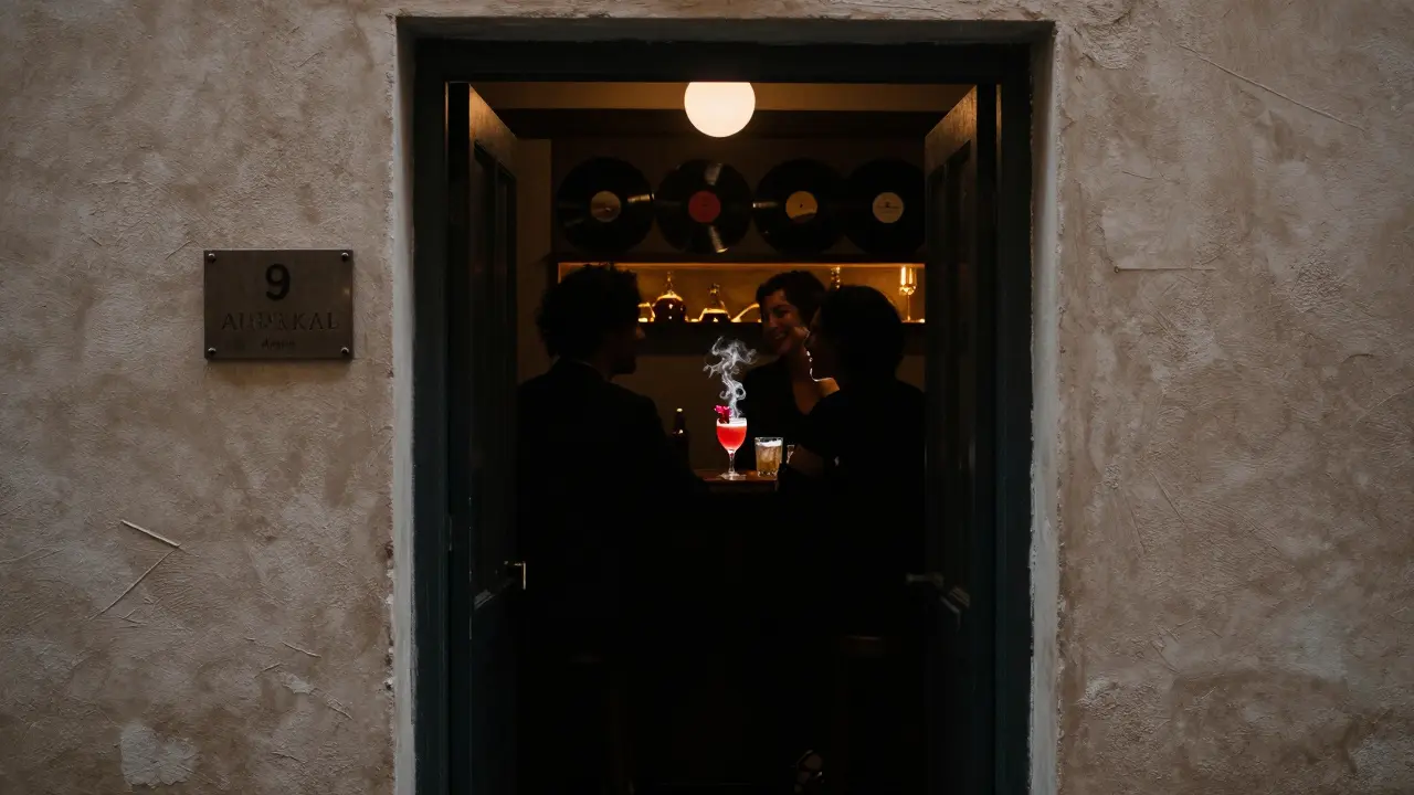 Hidden speakeasy door in an industrial alley with warm light spilling from inside.