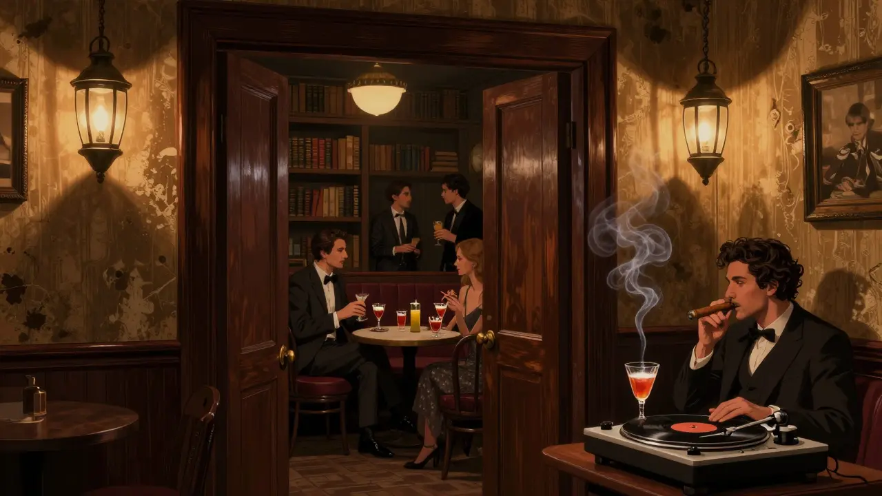 Hidden speakeasy in Brera with bookshelves, dim lanterns, and patrons sipping cocktails in intimate setting.