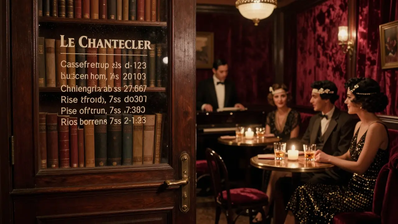 Hidden speakeasy Le Chantecler with candlelit tables, piano player, and guests in 1920s attire under soft amber light.