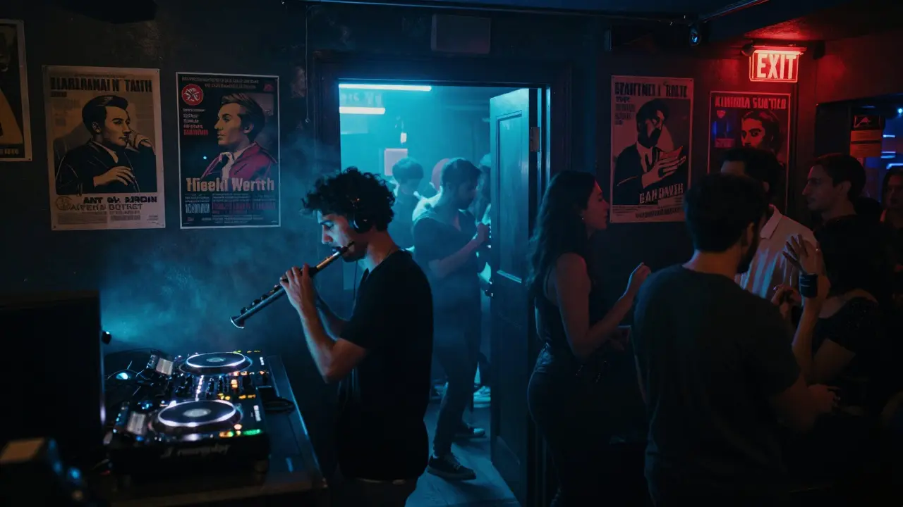 Hidden underground club in Karaköy with live DJ, neon lights, and dancers in smoky atmosphere.