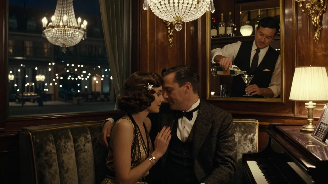Intimate couple in a 1920s-style bar with velvet booths and crystal chandeliers, piano music in the background.
