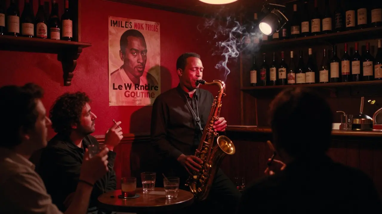 Intimate jazz bar interior with a saxophonist playing under red light, patrons silhouetted in warm shadows.