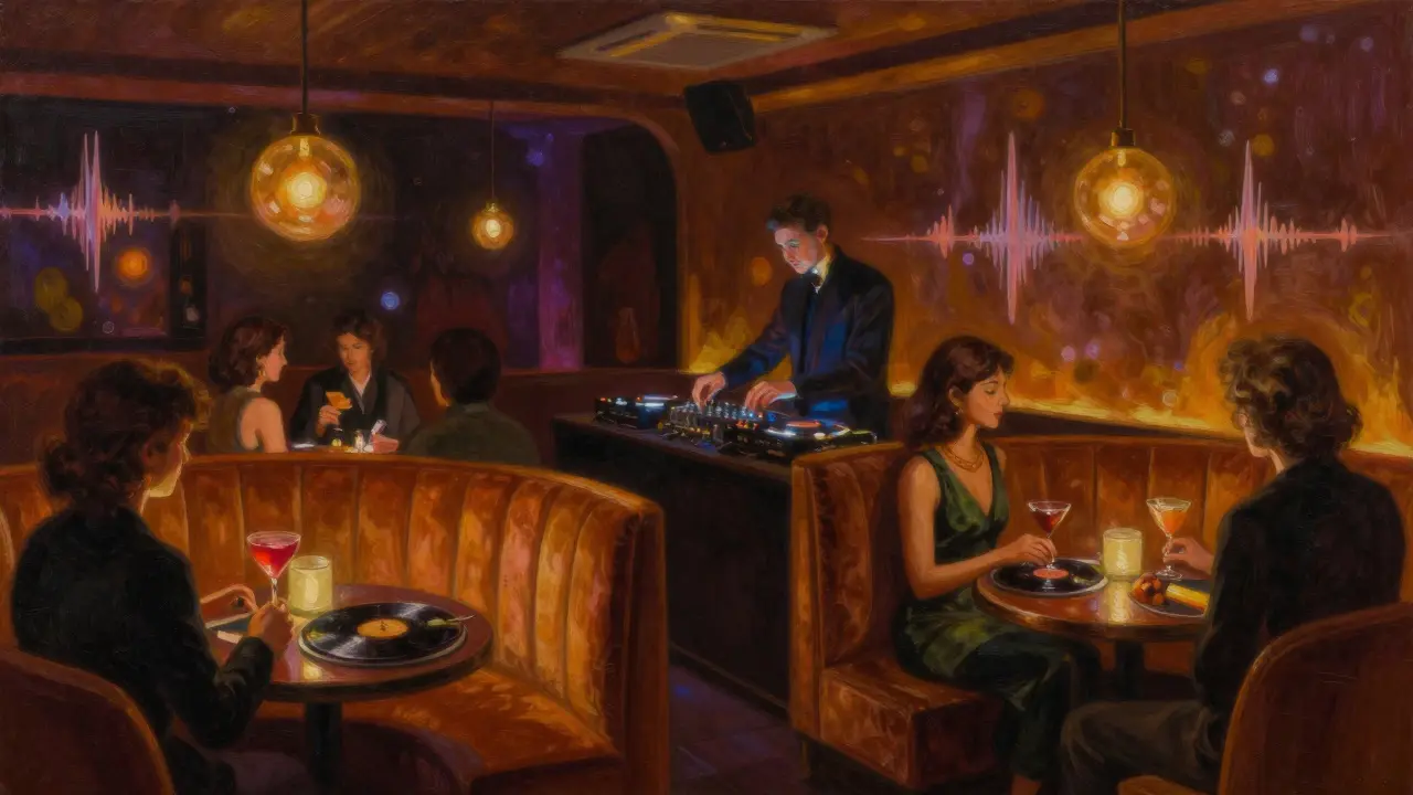 Intimate nightclub interior with velvet booths and soft amber lighting, patrons enjoying music in silence.