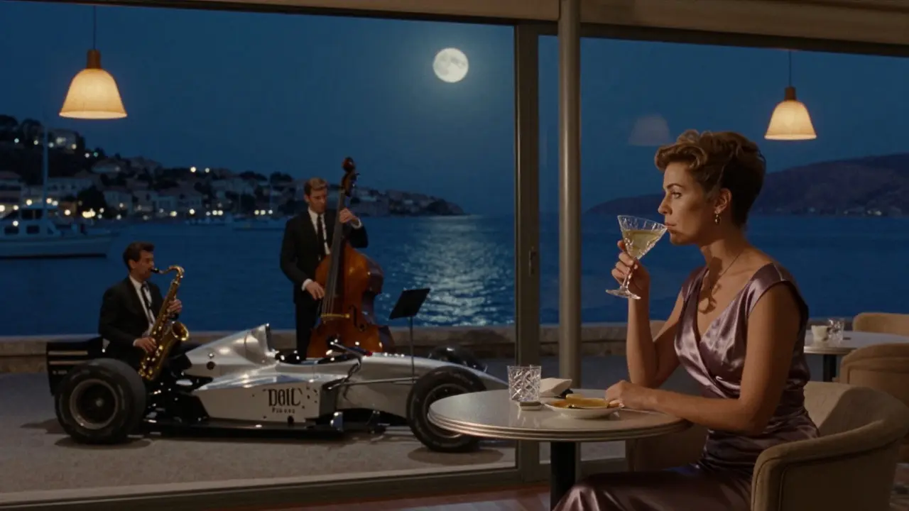 Jazz trio performing at Blue Bay with moonlit Mediterranean view, woman sipping cocktail by the window.