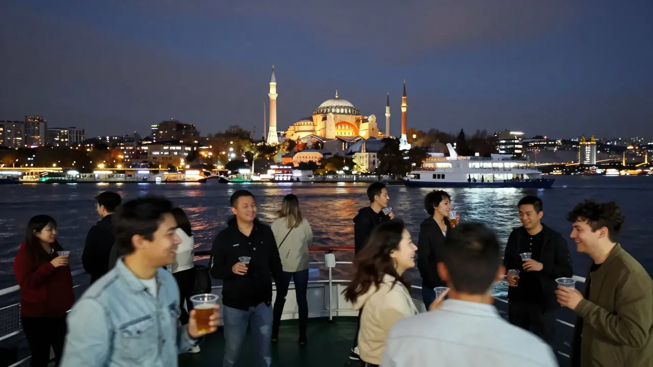 Late-night ferry on the Bosphorus with passengers dancing as city lights blur in the background.