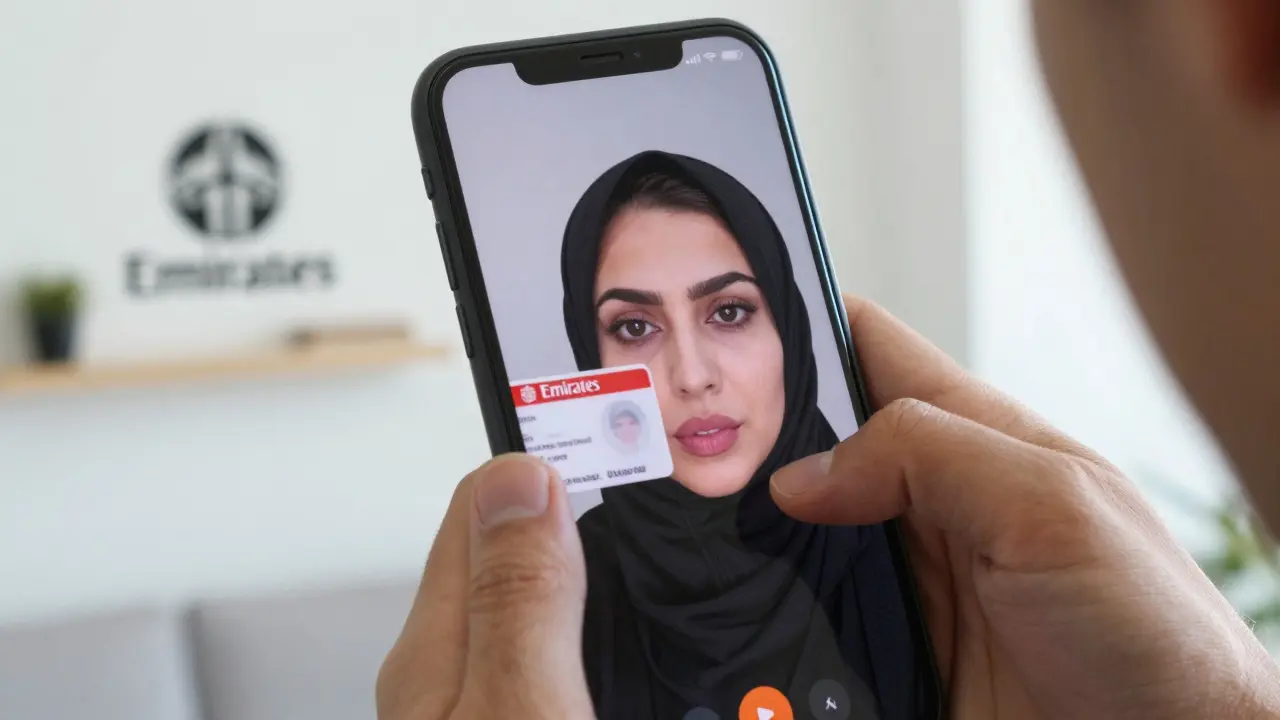 Live video call showing a woman holding her Emirates ID next to her face, professional background, no text on screen.