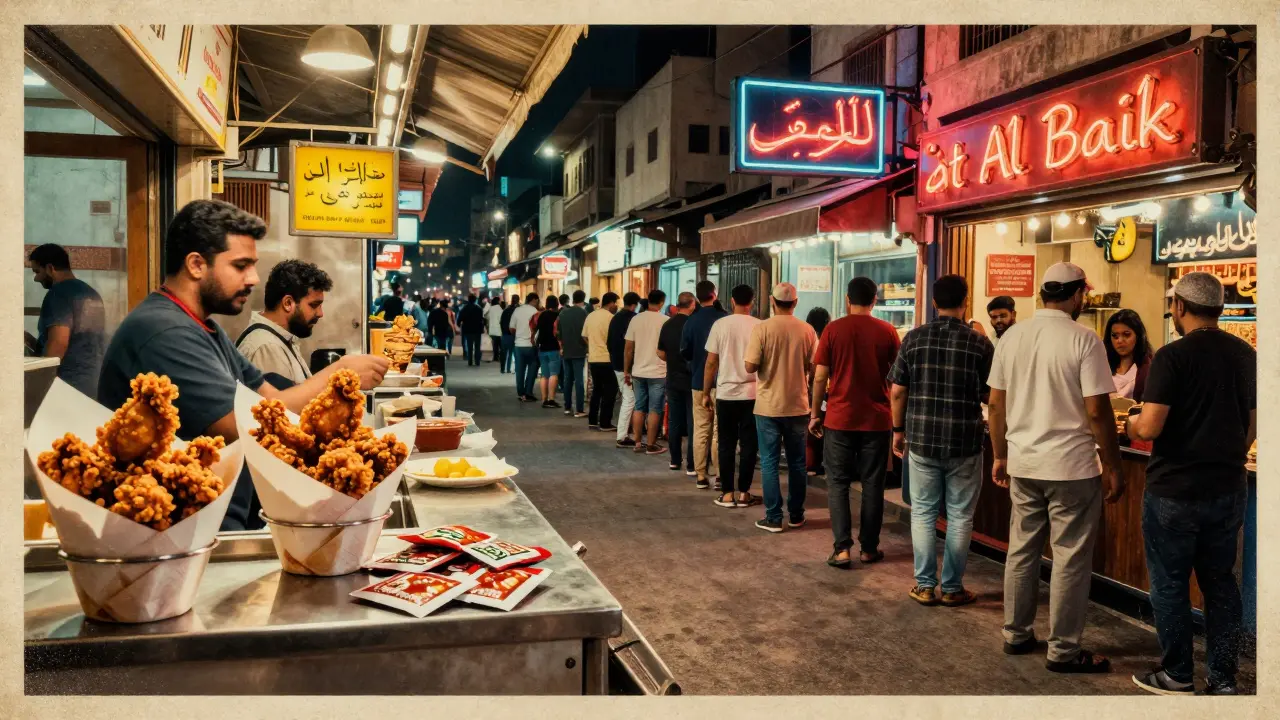 Long line of people waiting for fried chicken at Al Baik in Deira, neon sign glowing at night.