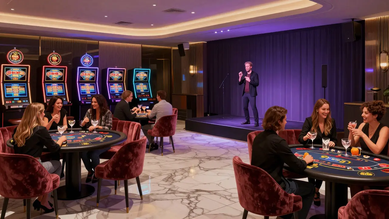 Modern casino lounge with patrons enjoying drinks and live music at Aspers Casino Westfield.