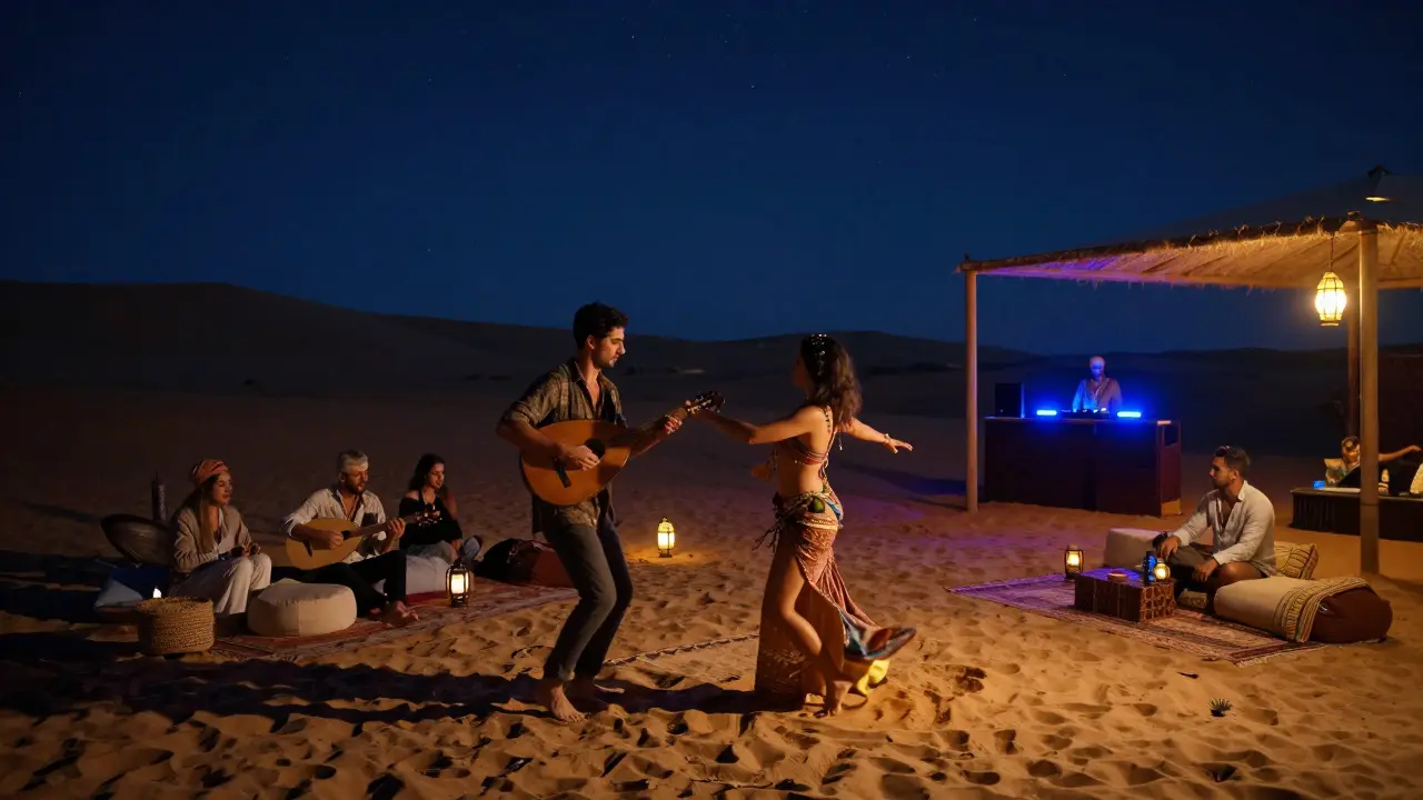 People dancing on desert sand under stars with live oud player and belly dancer under lantern light.