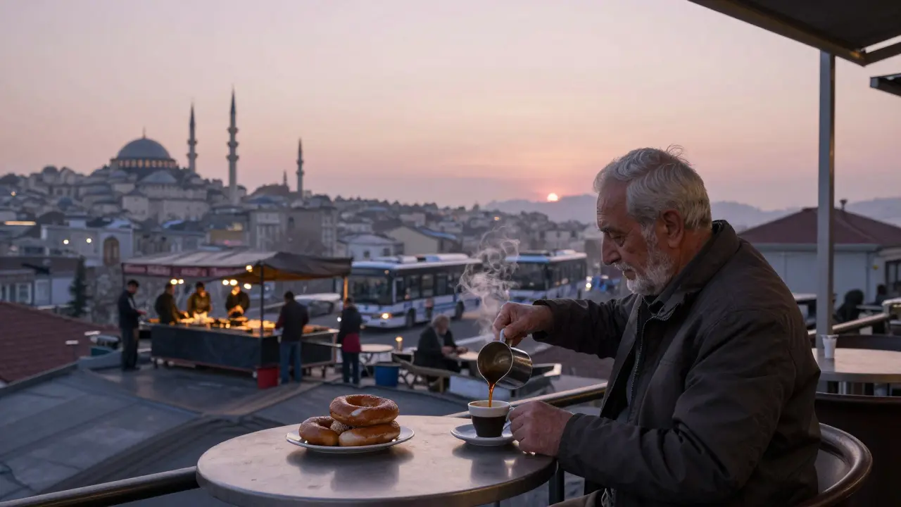 Quiet rooftop café at dawn with elderly man serving coffee as city wakes up