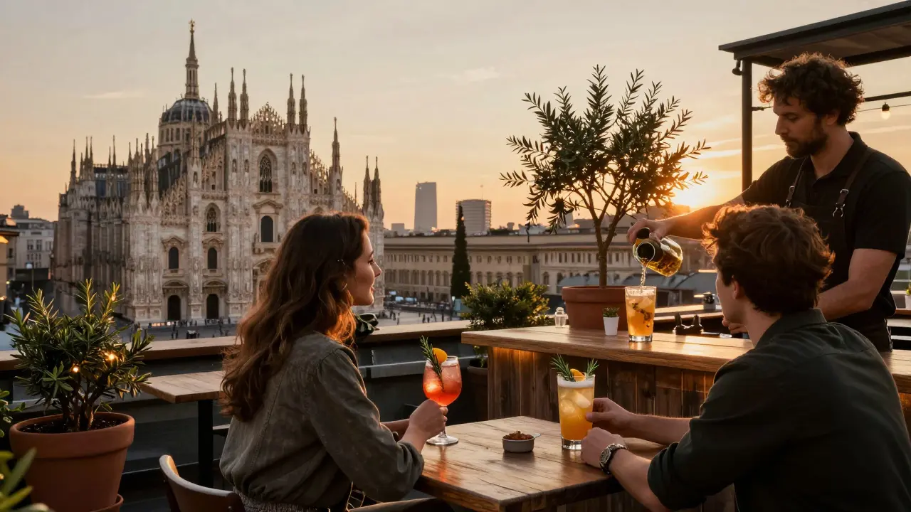 Rooftop bar at sunset overlooking Milan’s skyline with patrons sipping cocktails.