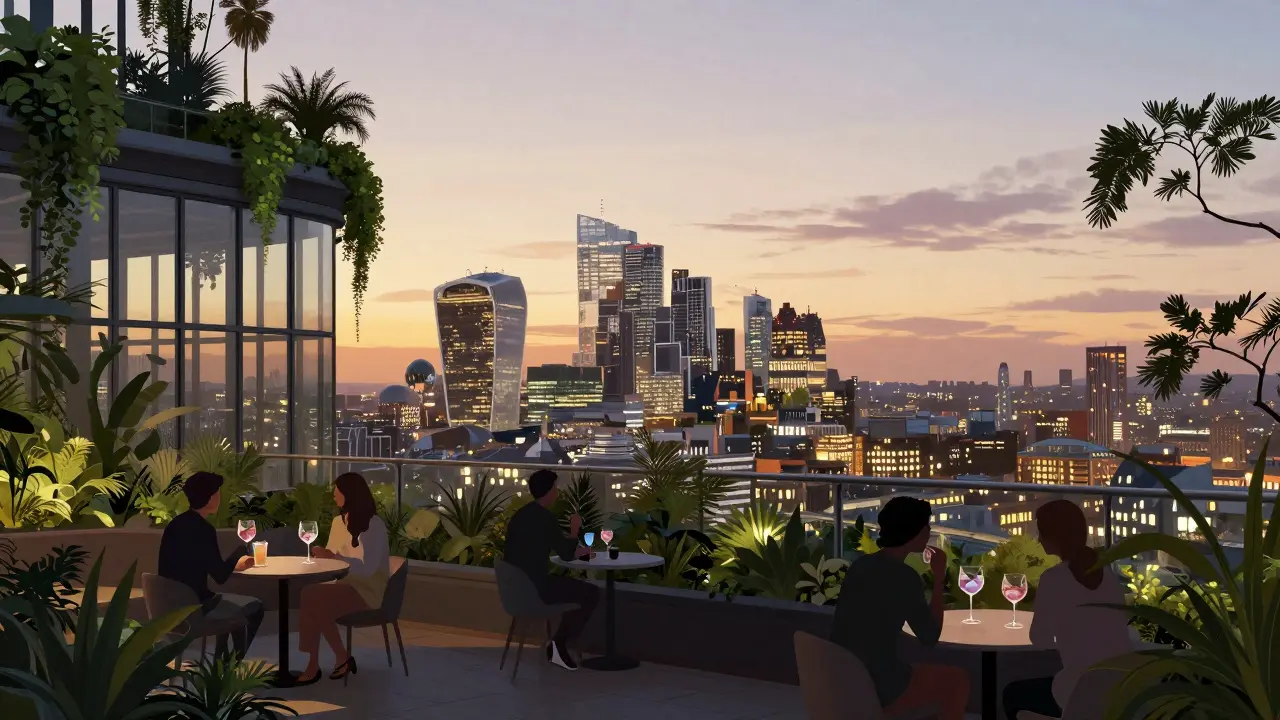 Rooftop garden high above London at sunset with people enjoying drinks and skyline views.