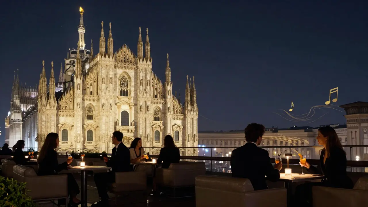 Rooftop lounge with views of Milan's Duomo at night, guests sipping drinks under starlight.