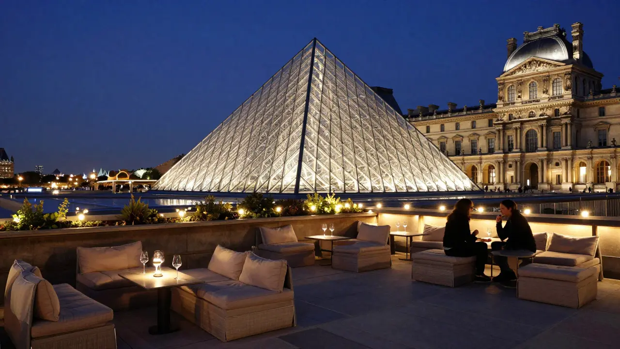 Serene rooftop lounge with French wine glasses and Louvre pyramid glowing at night.