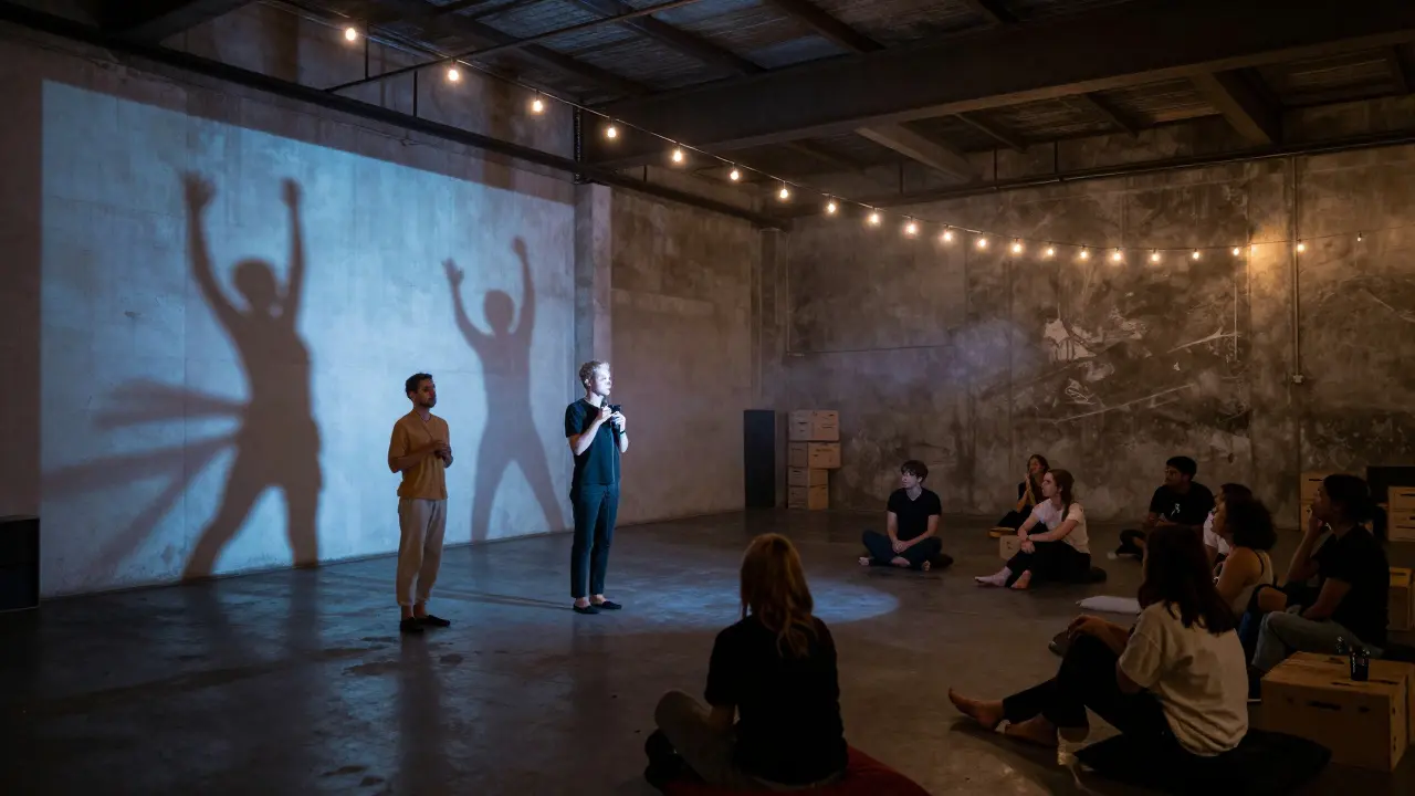 Shadow projections and a poet illuminate a warehouse performance space, with a quiet crowd sitting on crates under string lights.