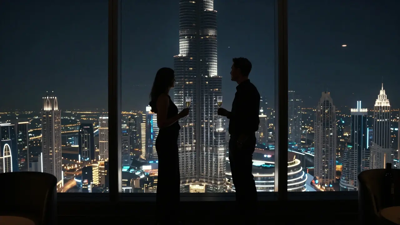 Silhouetted figures stand at At.mosphere lounge, overlooking Dubai’s glittering skyline at night.