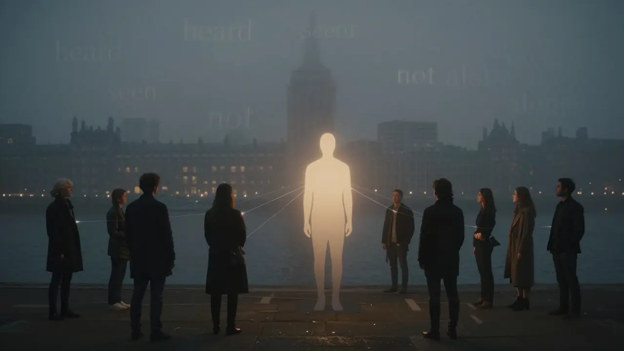 Silhouetted Londoners connected by glowing threads to a faceless figure representing companionship, against a foggy Thames at night.