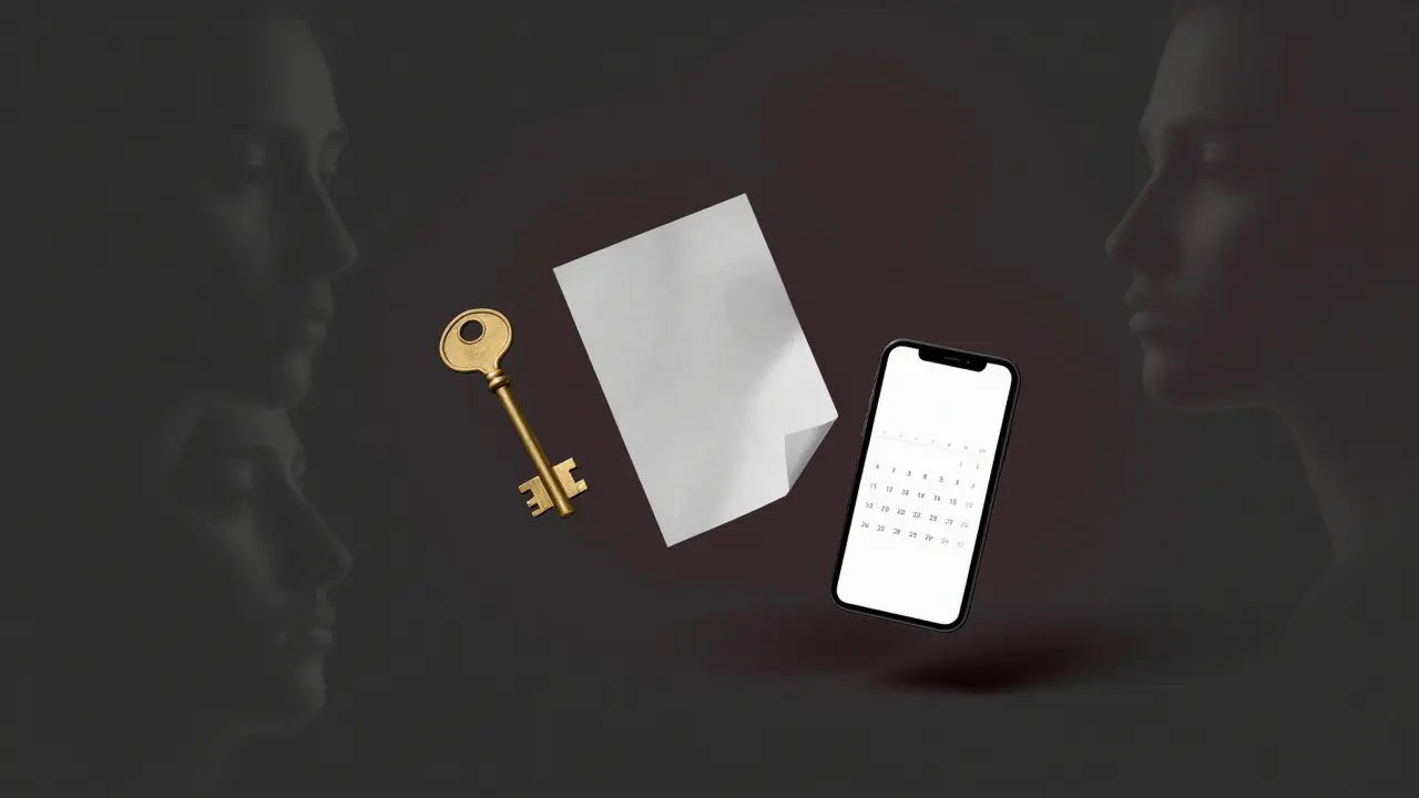 Three symbolic objects—a key, folded paper, and a blank phone screen—floating in darkness, with blurred faces surrounding them, evoking secrecy.