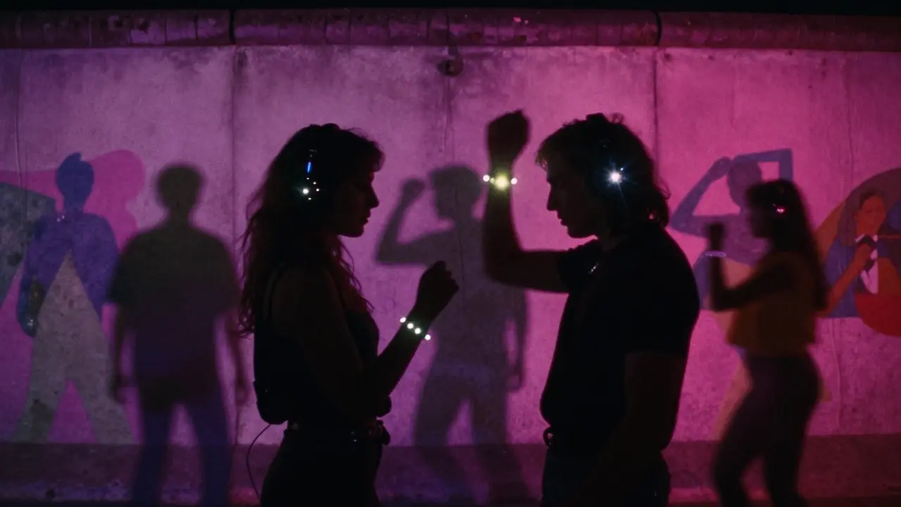 Two dancers in a silent disco under the Berlin Wall, lit only by wrist LED lights in the dark.