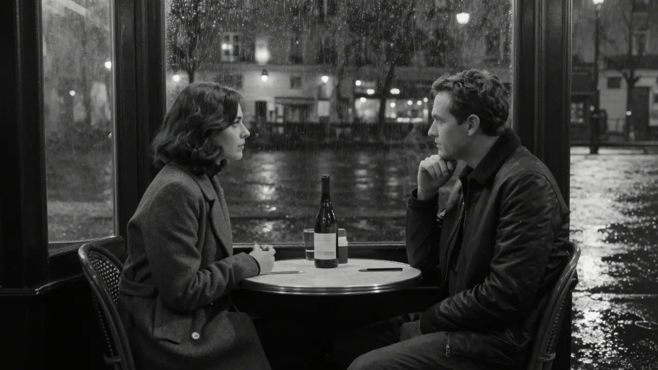 Two figures sit silently at a bistro table, gazing at the rain-slicked Seine at night.