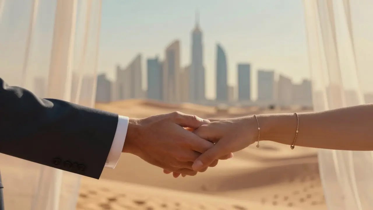 Two hands clasped gently, symbolizing trust and connection against a blurred city and desert backdrop.