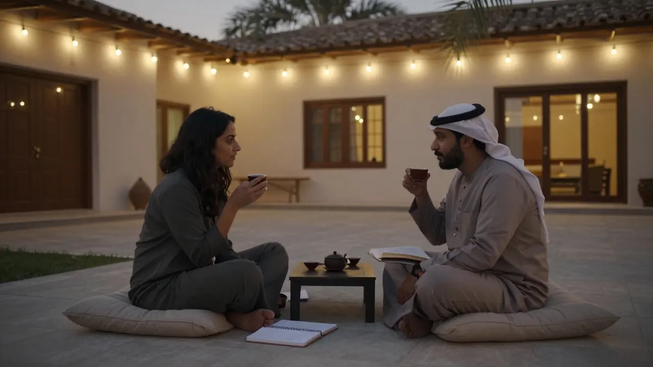 Two people share quiet tea in a private courtyard, connected by conversation, not touch.