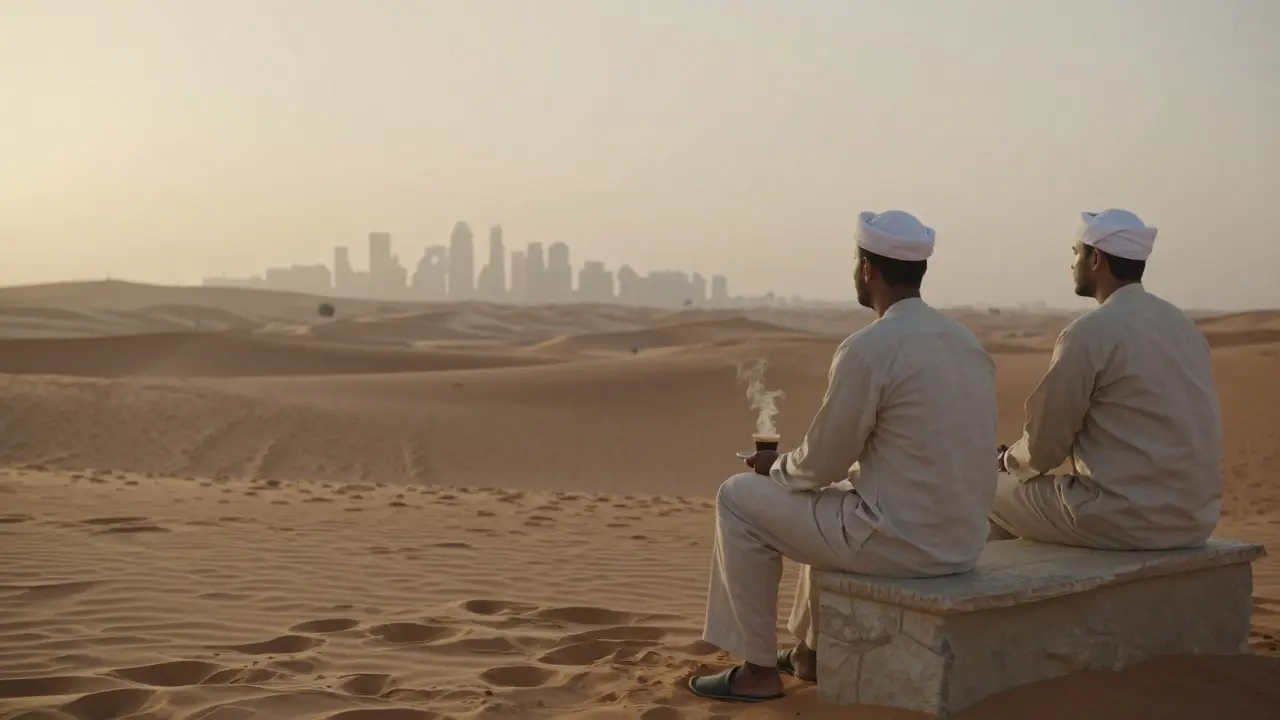 Two people sitting peacefully at dawn in a desert oasis, coffee between them, with golden dunes stretching to the horizon.