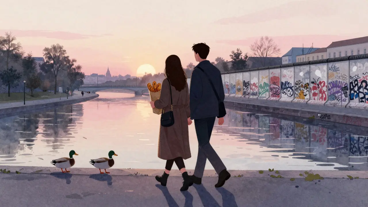 Two people walking along the Spree River at sunrise, holding pastries, ducks nearby, Berlin Wall in the distance.