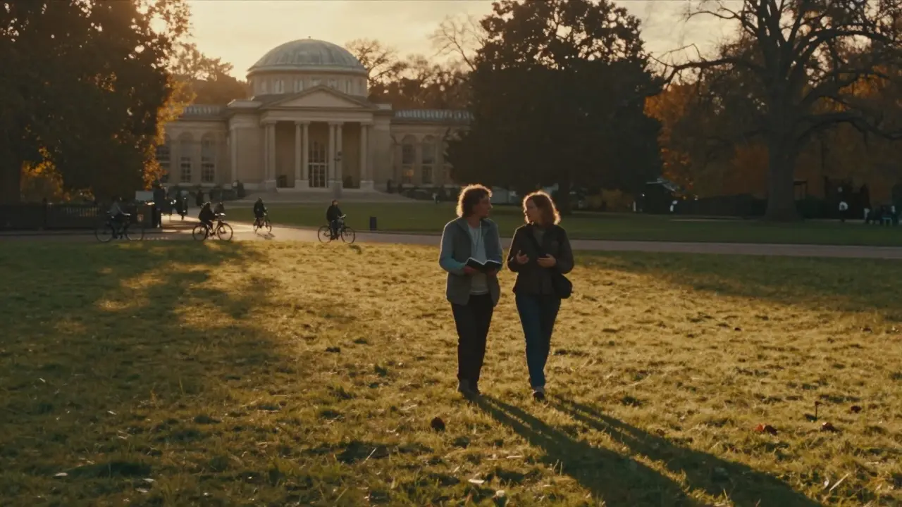Two people walking peacefully in Hyde Park during golden hour.