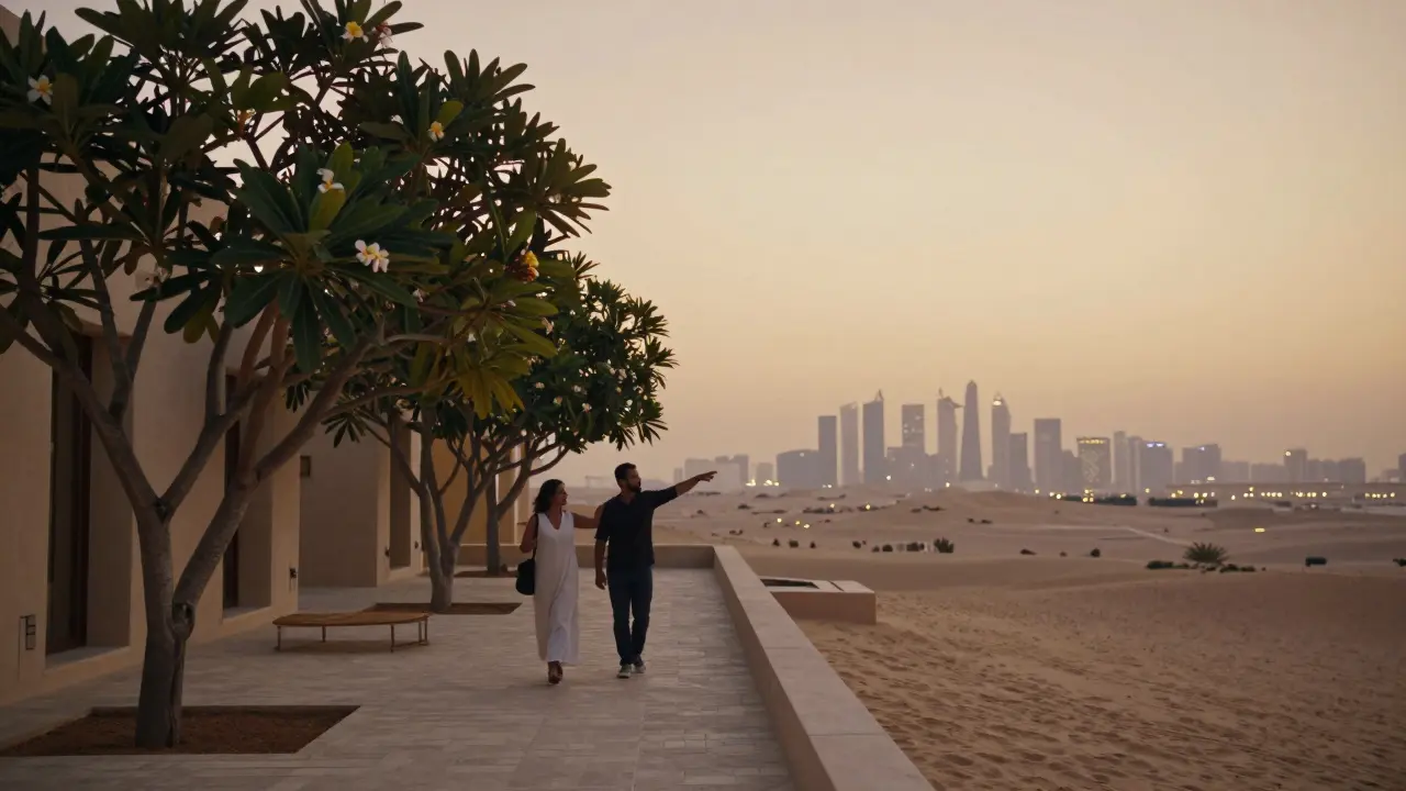 Two people walking peacefully on a villa terrace at sunset overlooking Abu Dhabi's coastline.