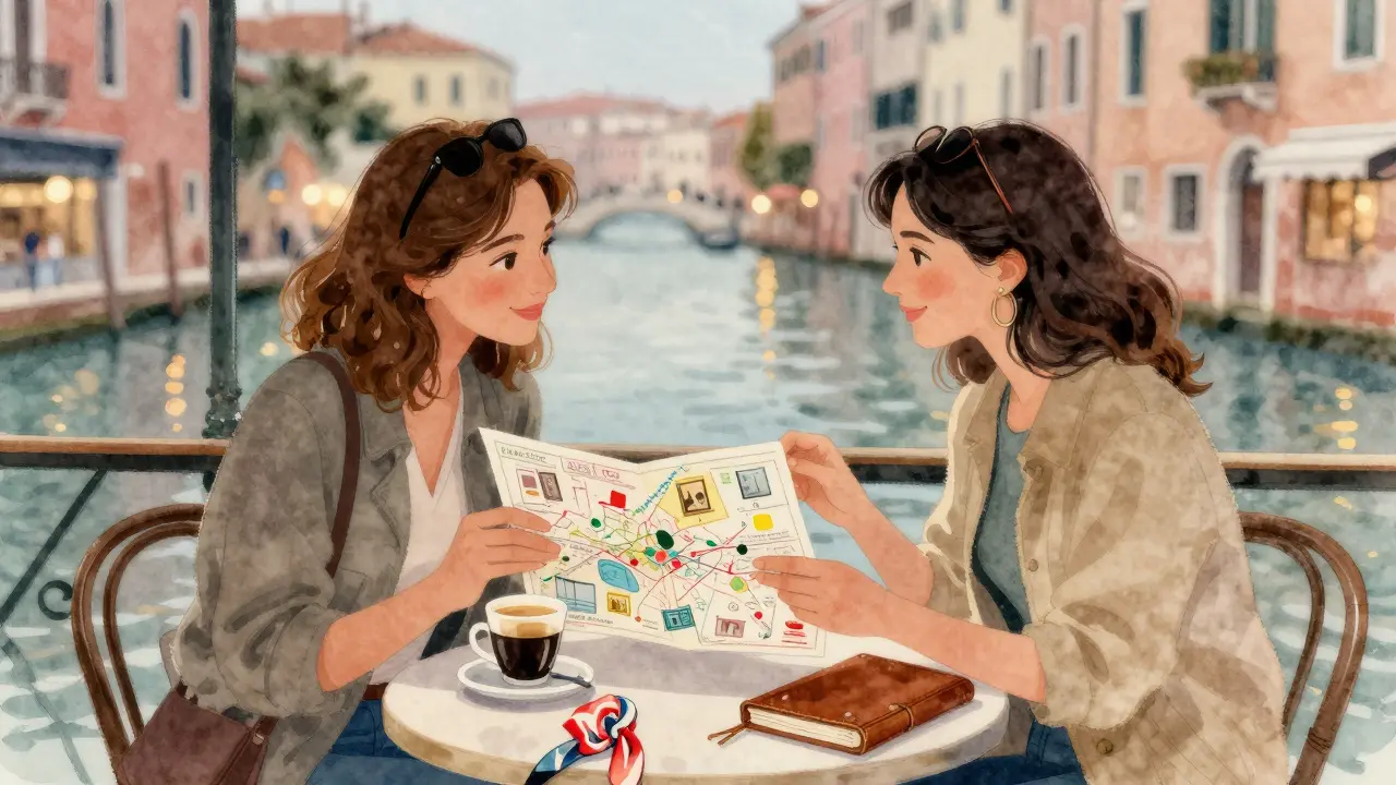 Two women sharing a map and coffee at a canal-side café in Navigli, exploring hidden art spots.