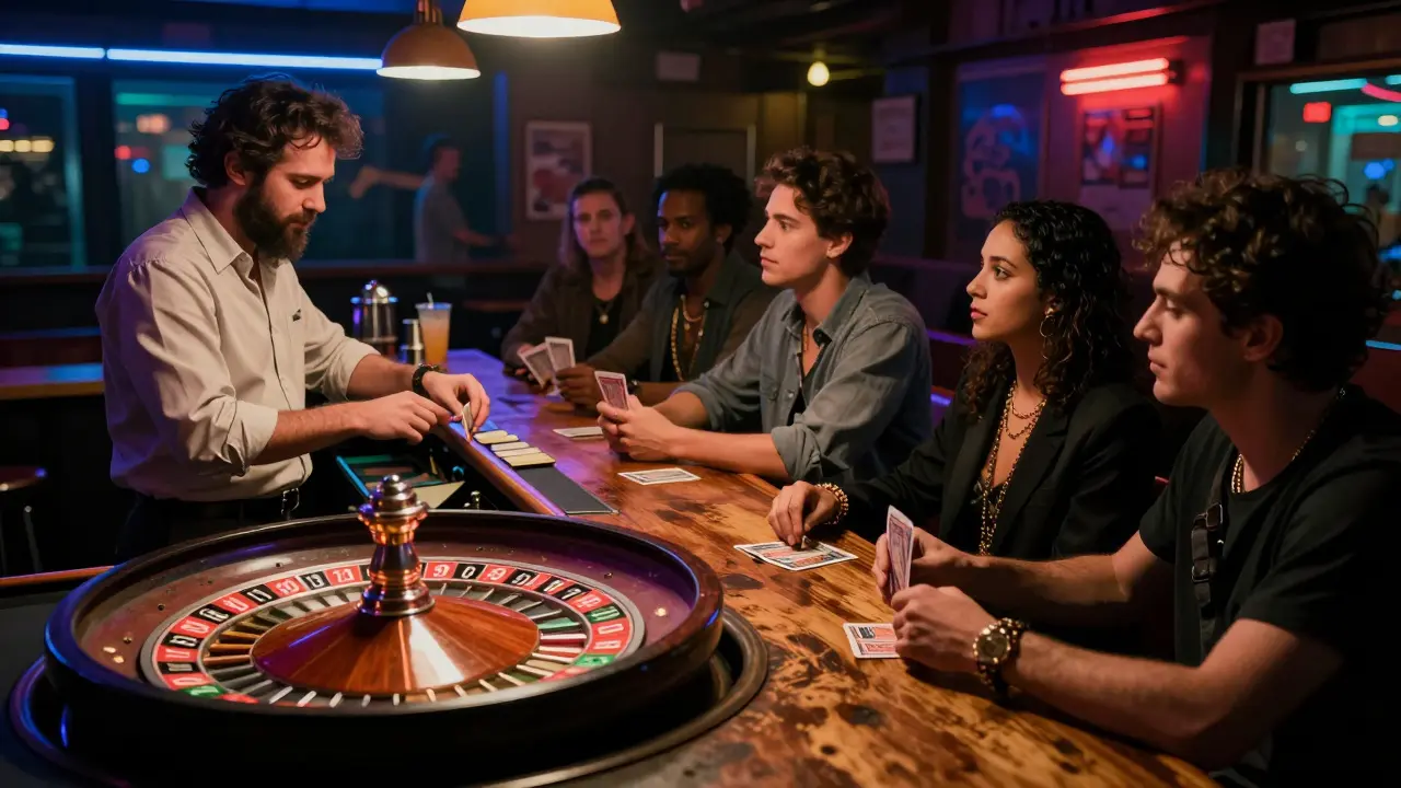 Underground casino bar with vintage roulette wheel and diverse crowd in dim neon lighting.