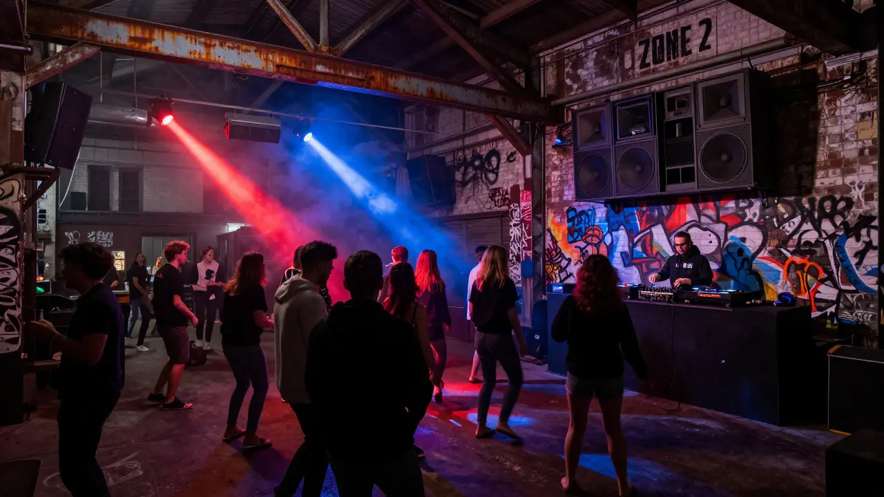 Underground club in Zone 2 with crowd dancing under industrial lights and vintage speakers.