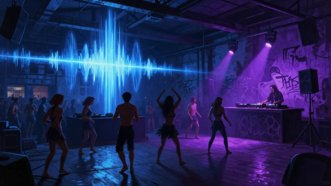 Underground techno club Fabrique at night with barefoot dancers, neon lights, and powerful sound waves.