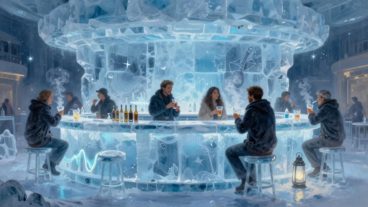 Visitors in thermal coats inside a frozen ice bar, breathing visibly in the cold, surrounded by ice furniture.