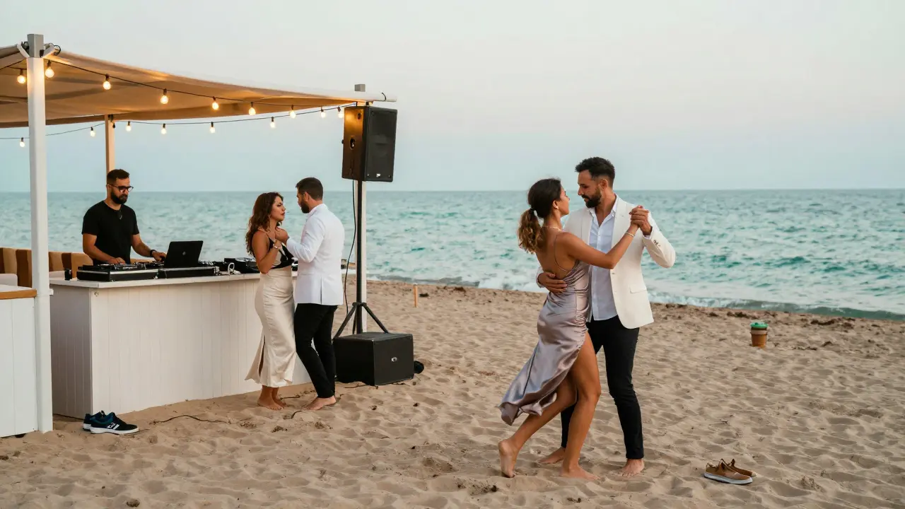A beachfront club at dawn, dancers barefoot on sand as DJs pack up, sneakers left behind.