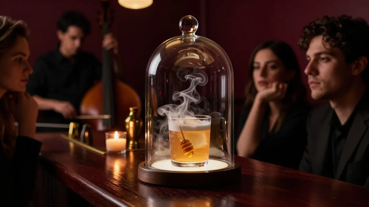 A cocktail under a rising glass dome filled with smoke, served in a moody bar with jazz ambiance and low candlelight.