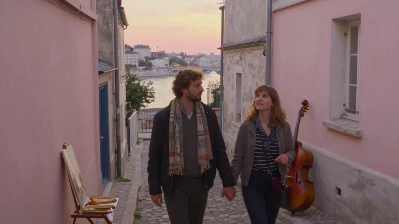 A companion and client wander a hidden Parisian alley at dusk, the Seine glimmering in the distance.