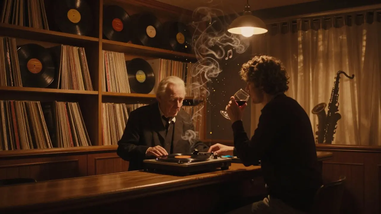 A cozy jazz bar beneath the Prince’s Palace with vinyl records and soft lighting.