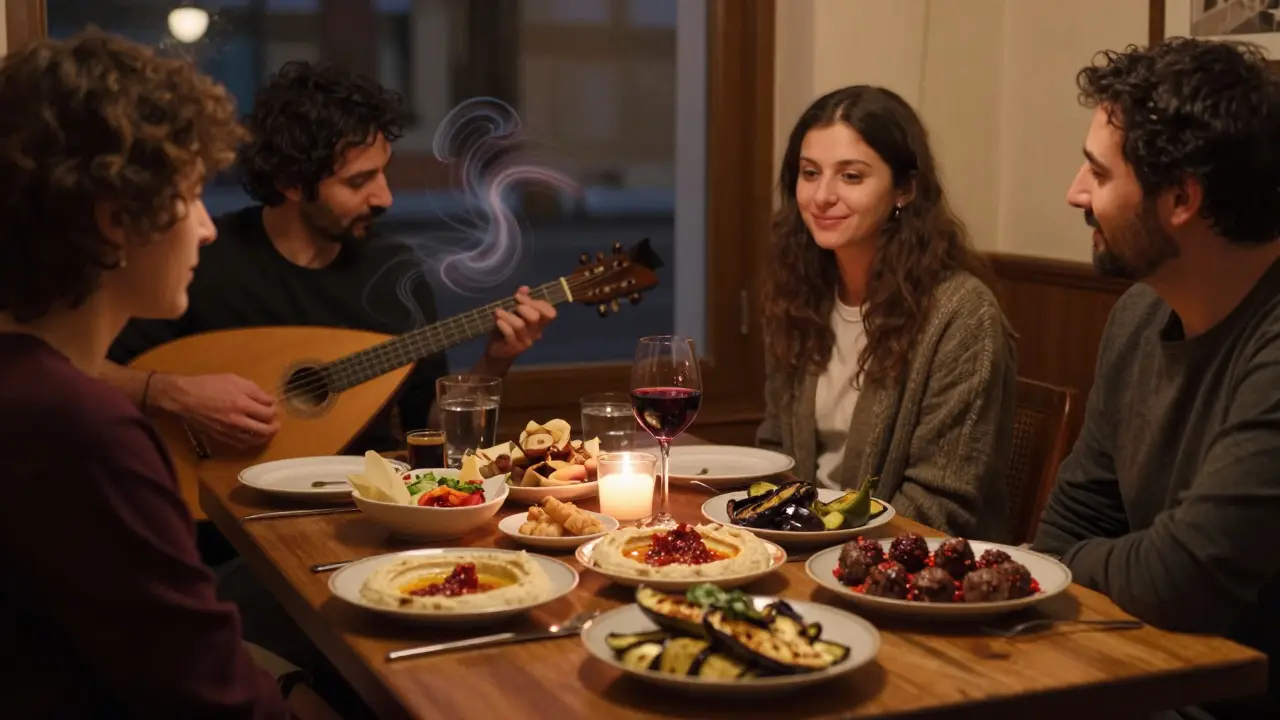 A cozy meze bar table with Turkish dishes and wine, lit by candlelight after midnight.