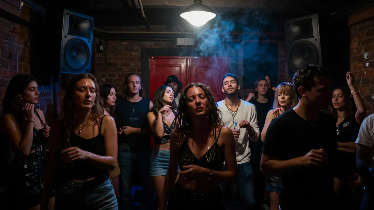 A crowded underground club in Milan with bass vibrating through the air and people dancing in dim red light.