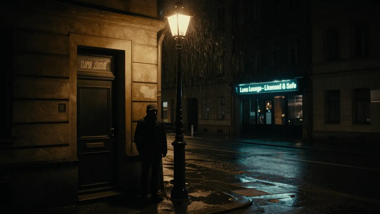 A dark Berlin street at night contrasting an unmarked doorway with a clearly labeled licensed escort agency across the street.