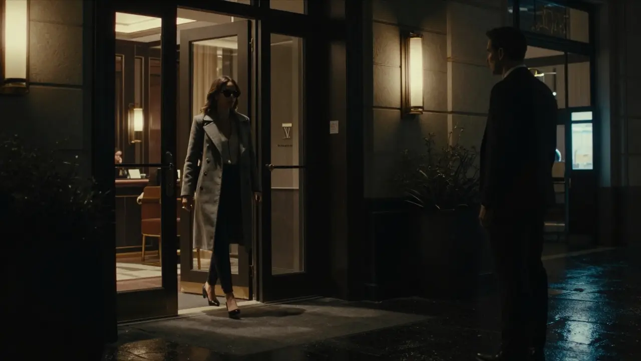 A discreet figure exits a luxury hotel at night, blending into shadows, conveying privacy and anonymity in Abu Dhabi.