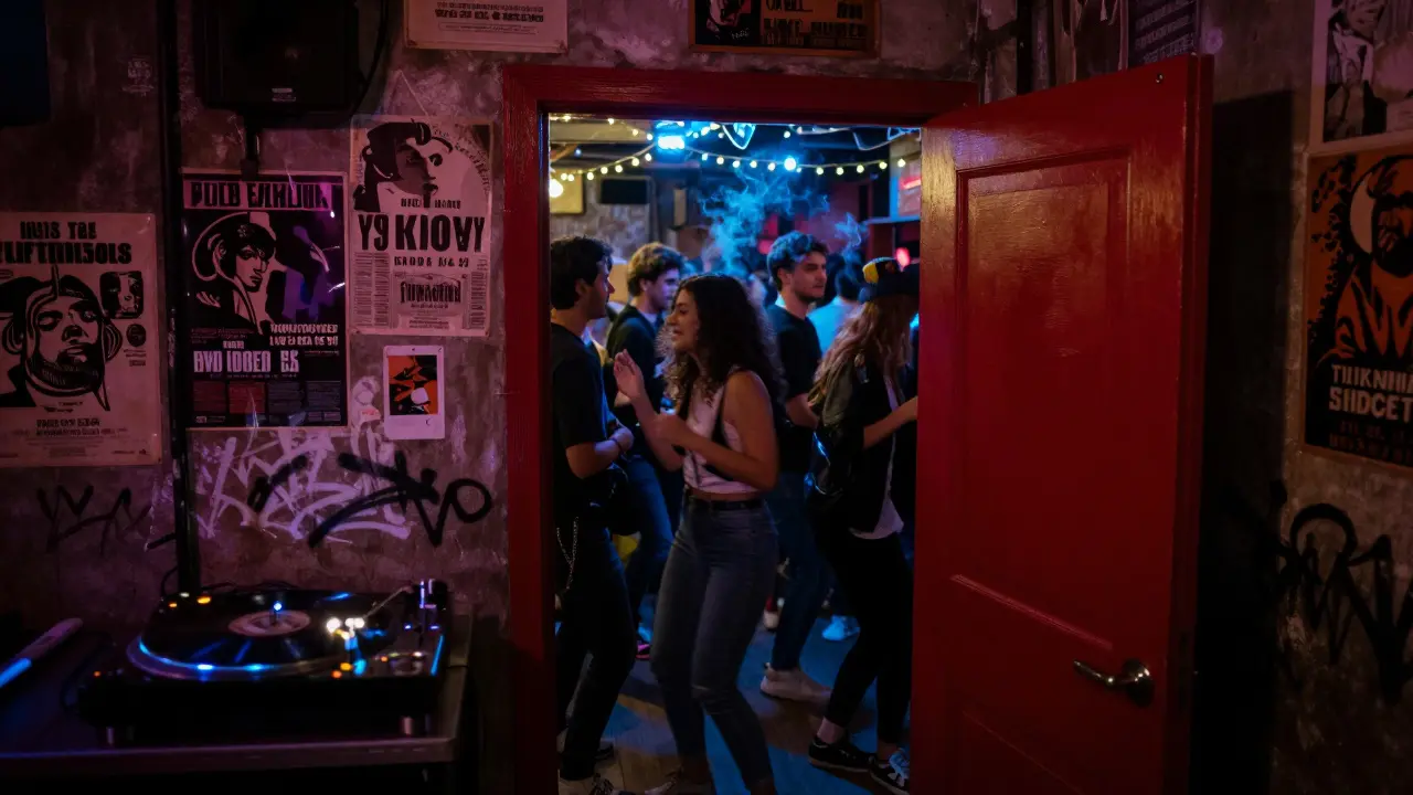 A hidden basement club in Beyoğlu with people dancing under string lights to Turkish folk remixes.