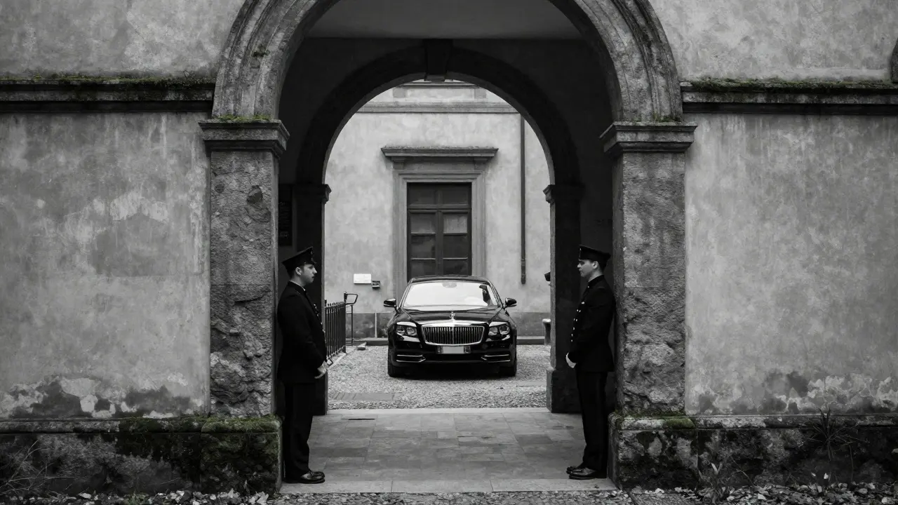 A hidden courtyard entrance at dawn with a luxury car and no signage, exuding discretion.