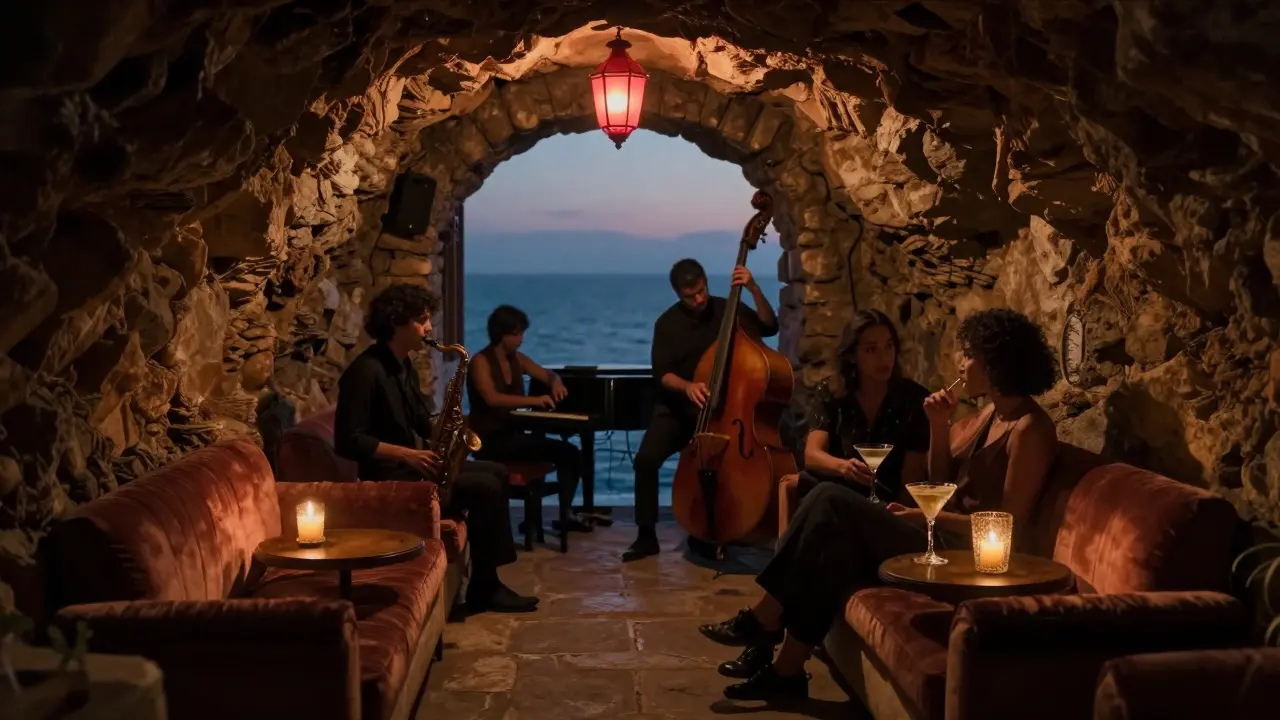 A hidden jazz bar under a cliff with candlelight and a live trio playing by the sea.