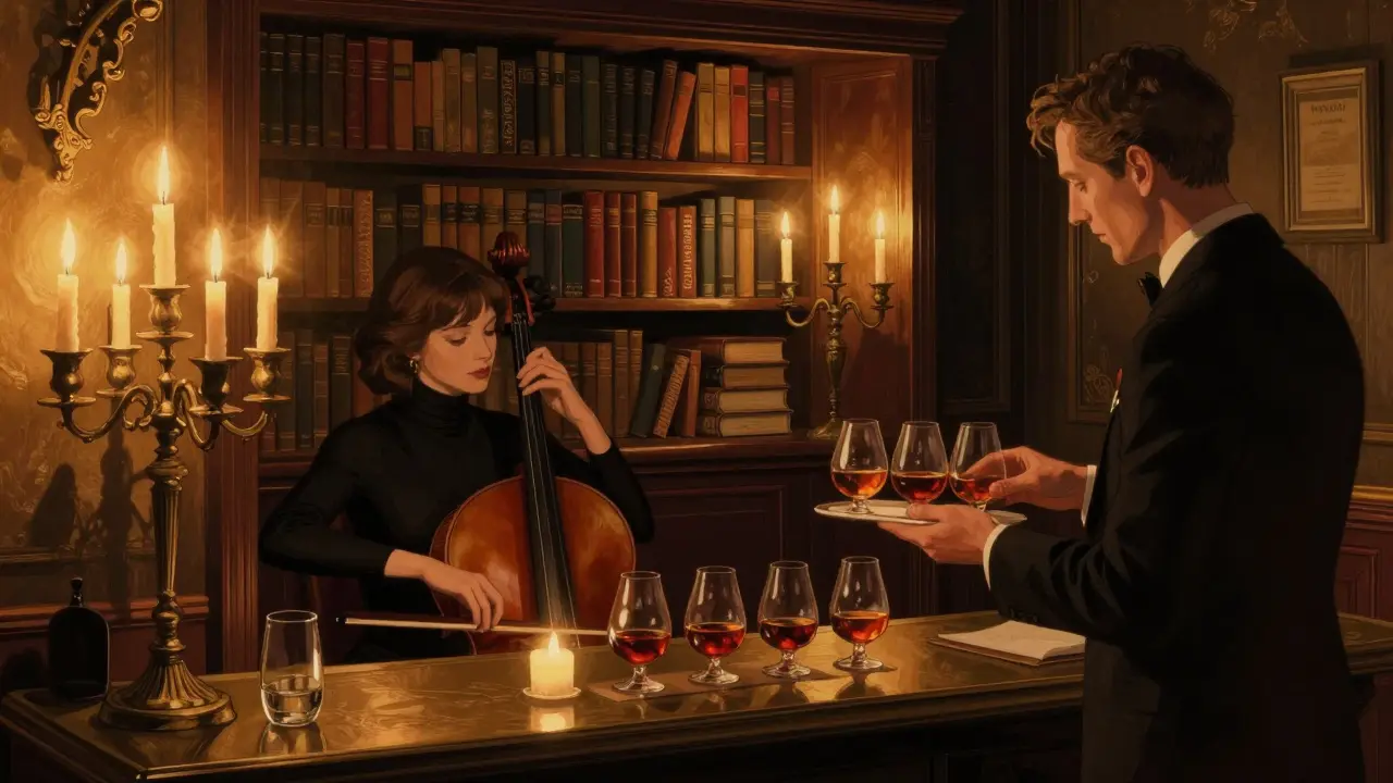 A hidden speakeasy lounge with candlelight, a cellist playing, and a sommelier offering cognac behind a sliding bookshelf.